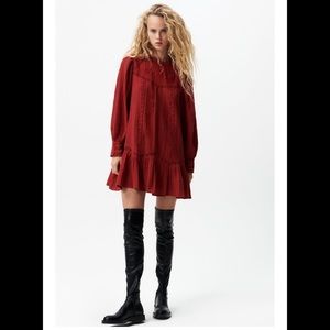 Zara NWT Short Embroidered Dark Red Dress Size Medium
